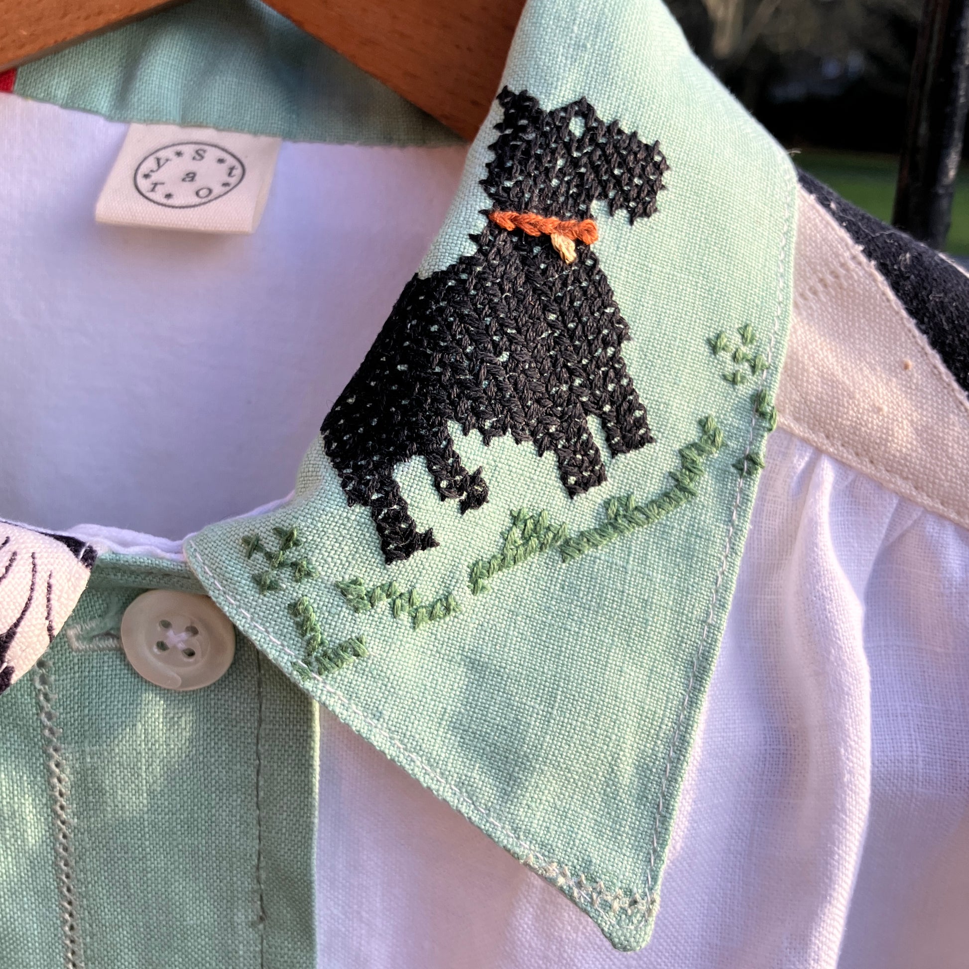dog-themed shirt made from vintage reclaimed table linen