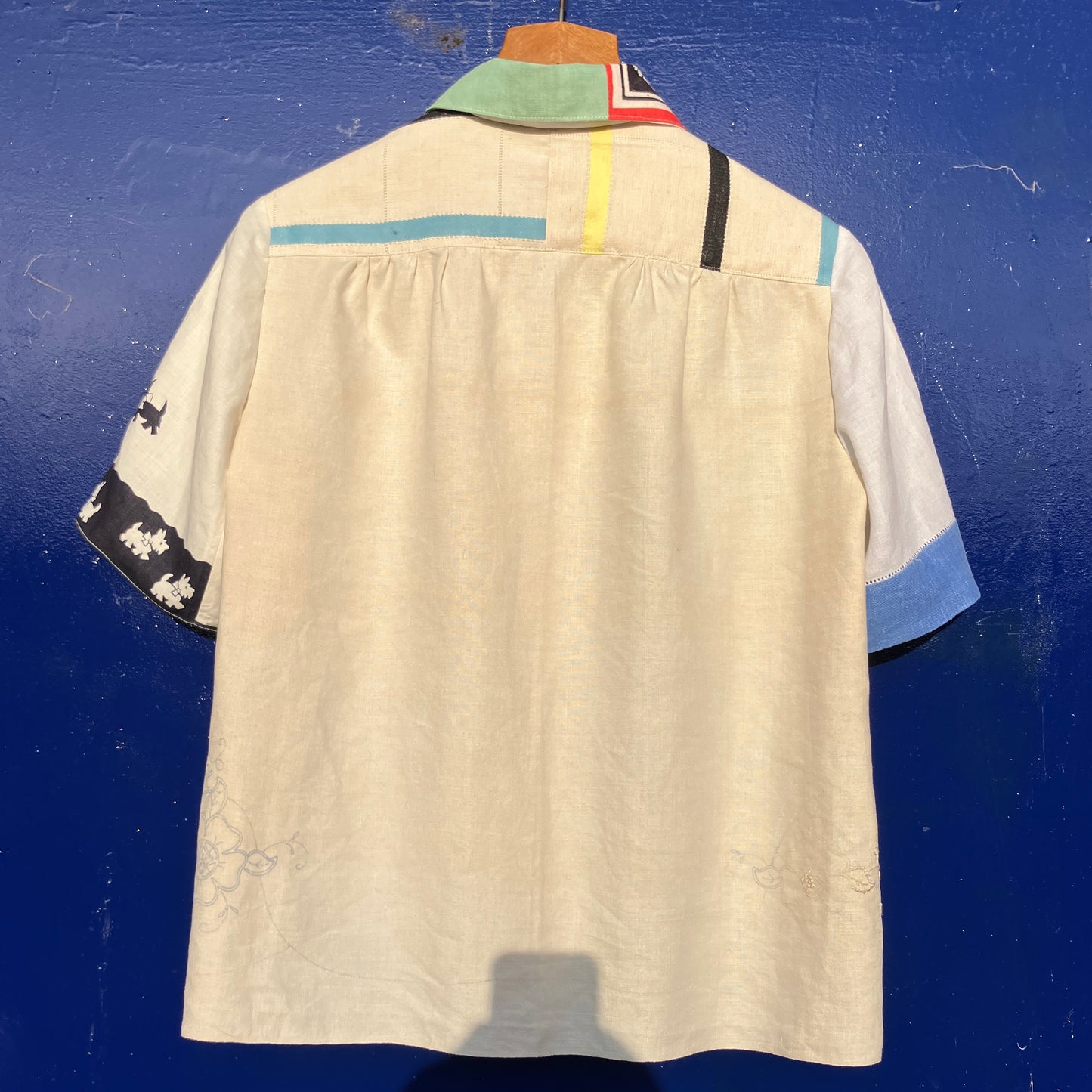 dog-themed shirt made from vintage reclaimed table linen