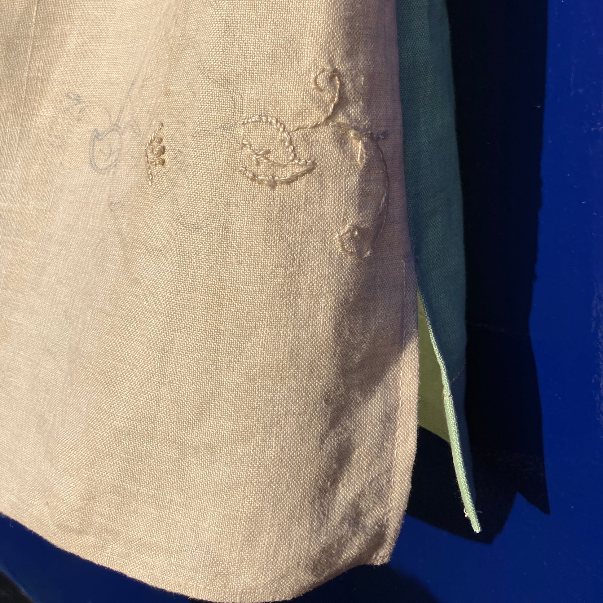 dog-themed shirt made from vintage reclaimed table linen