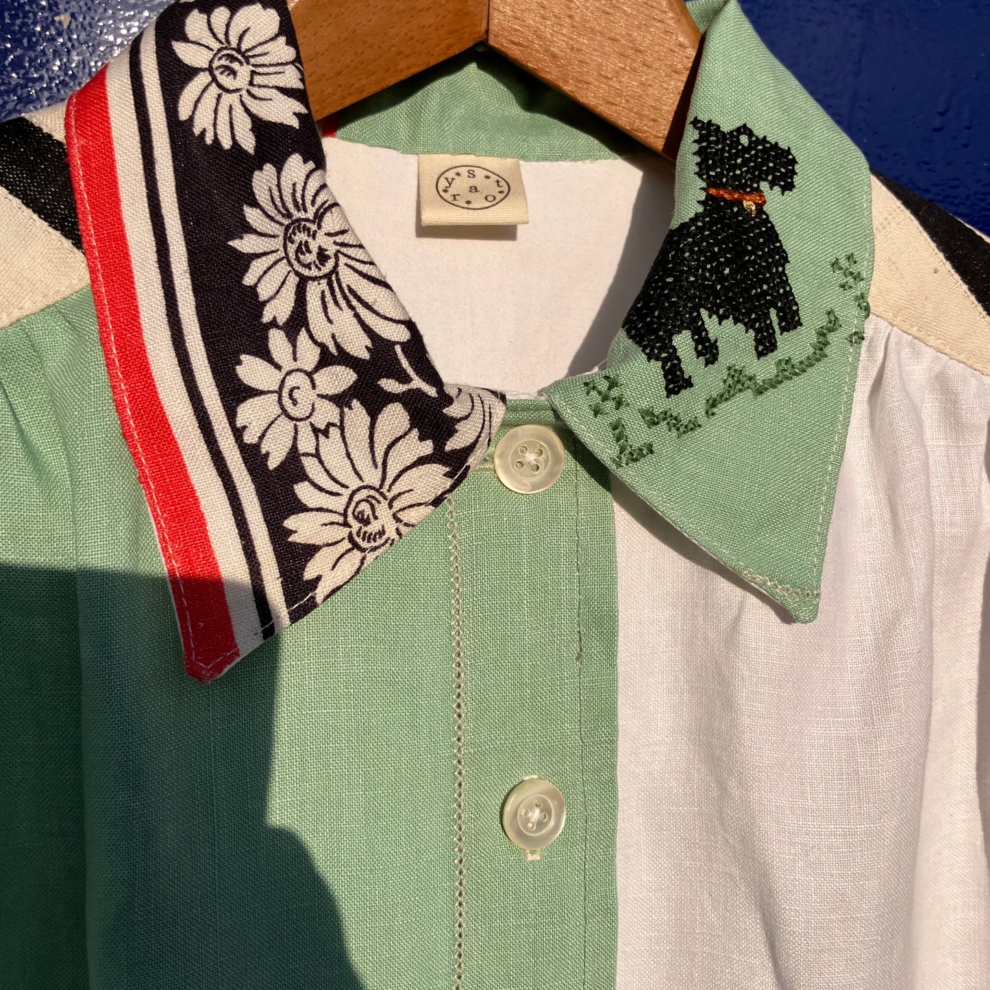 dog-themed shirt made from vintage reclaimed table linen