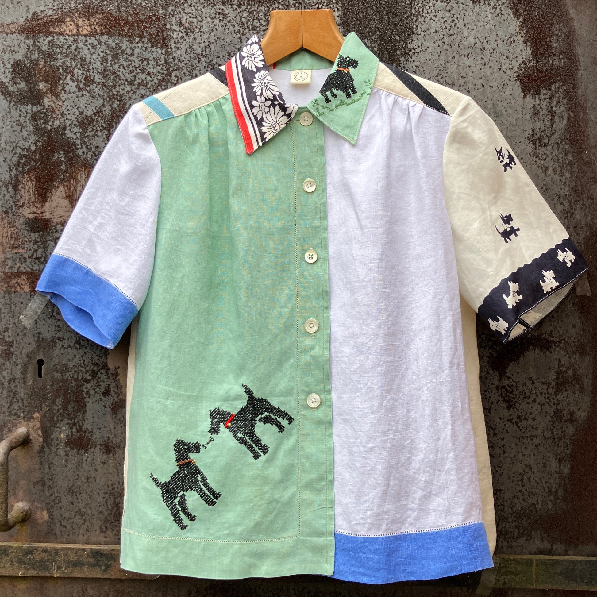 dog-themed shirt made from vintage reclaimed table linen