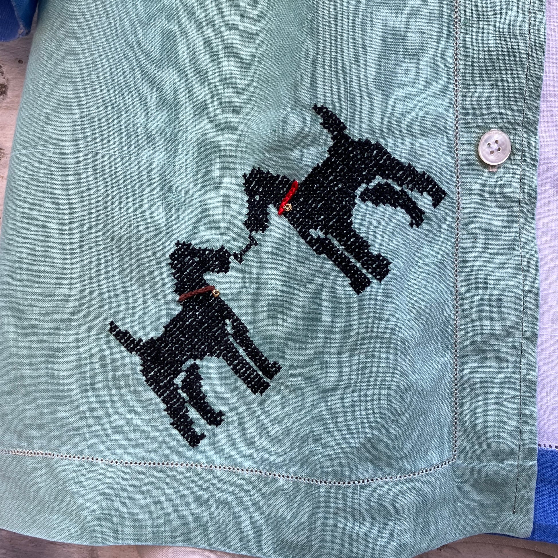 dog-themed shirt made from vintage reclaimed table linen