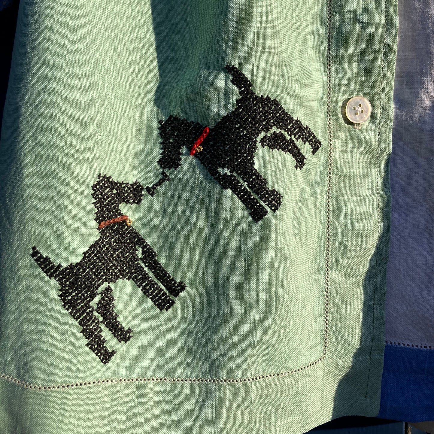 dog-themed shirt made from vintage reclaimed table linen