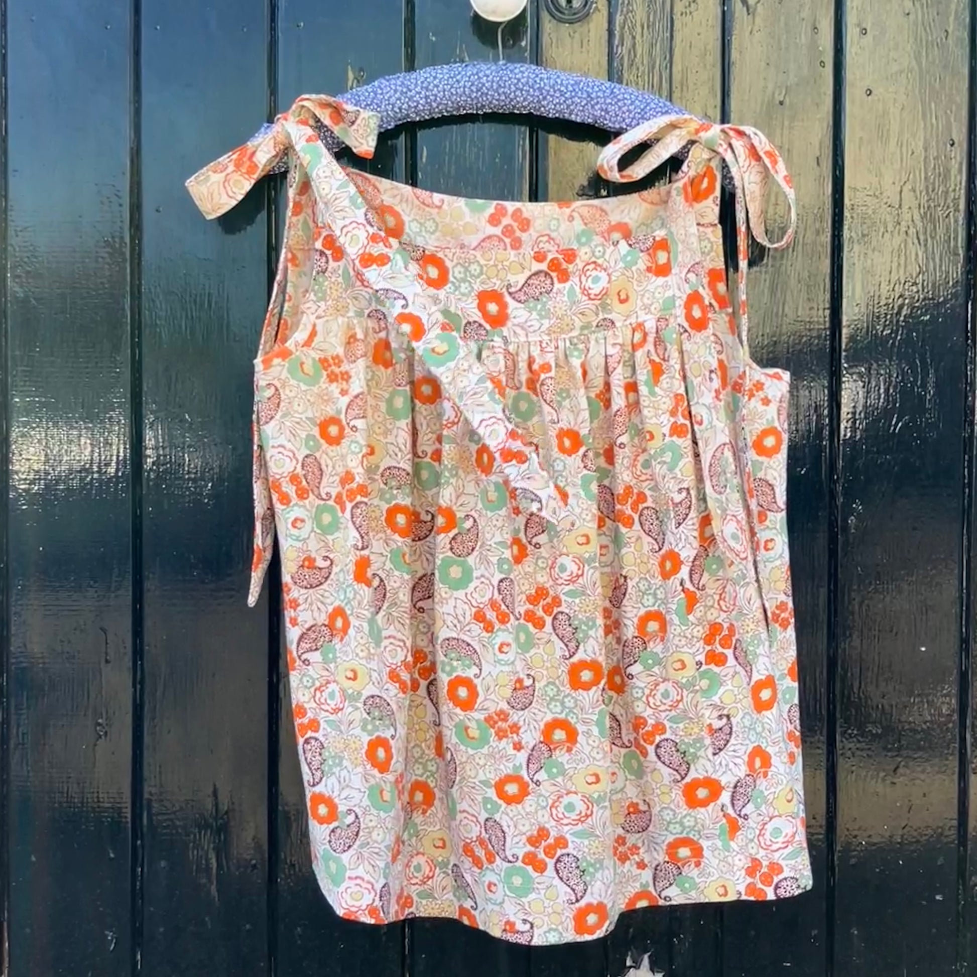 Pretty tie-shoulder top made from a beautiful found 1930s floral cotton curtain 