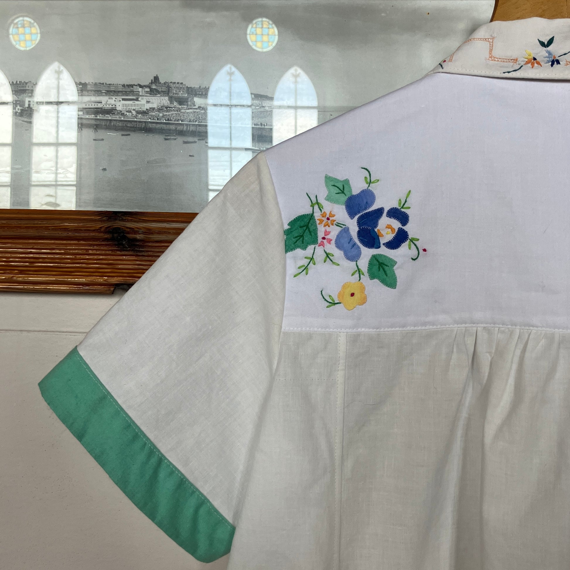 shirt made from reclaimed vintage pillowcases with two appliqué ladies