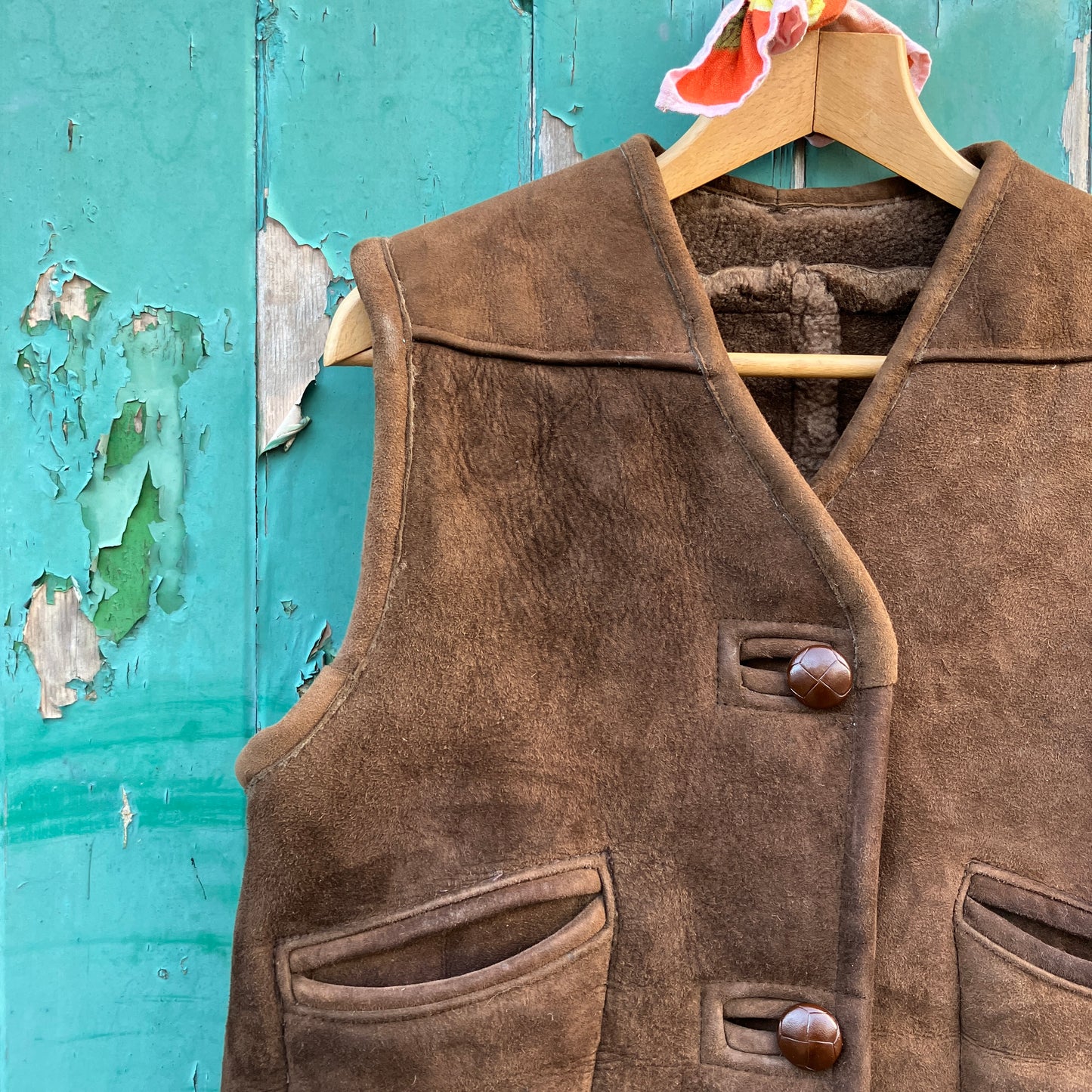 Shearling vest or waistcoat made from a brown vintage sheepskin coat.