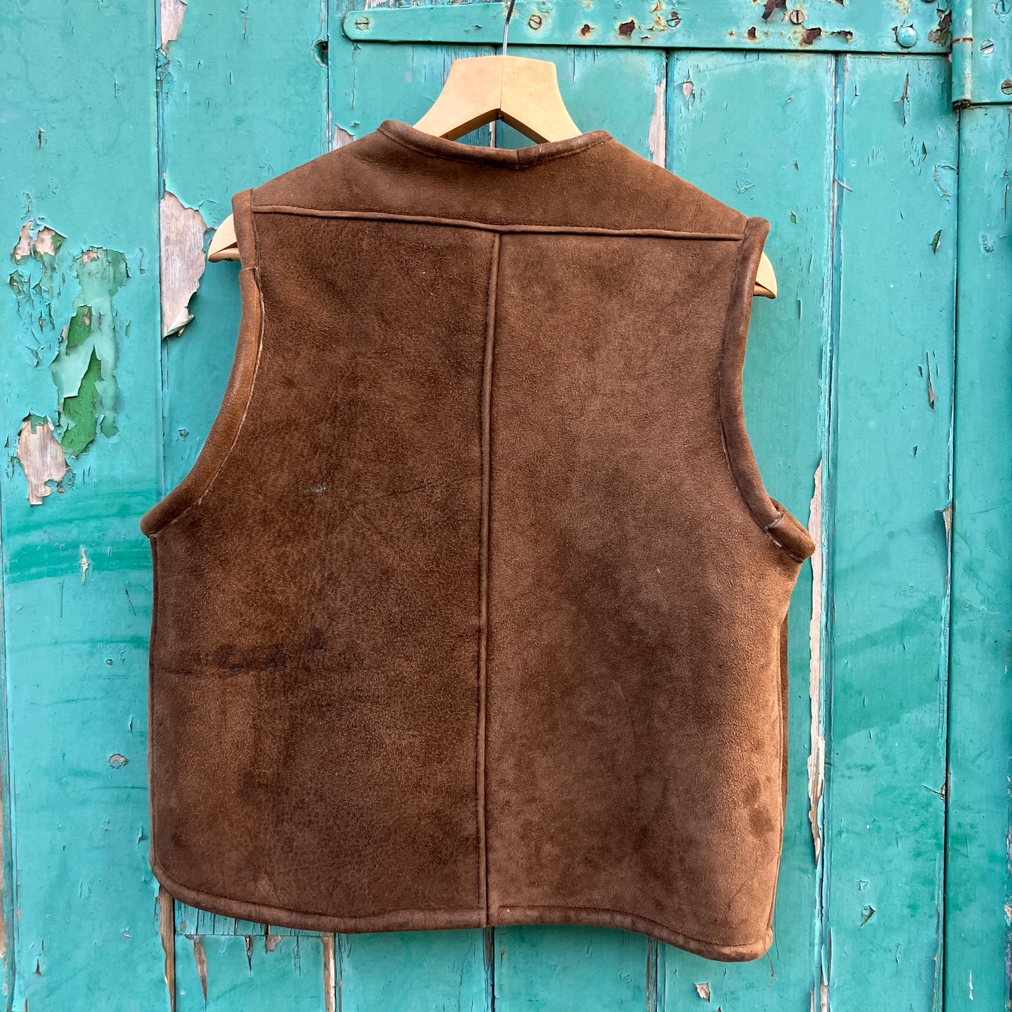 Shearling vest or waistcoat made from a brown vintage sheepskin coat.