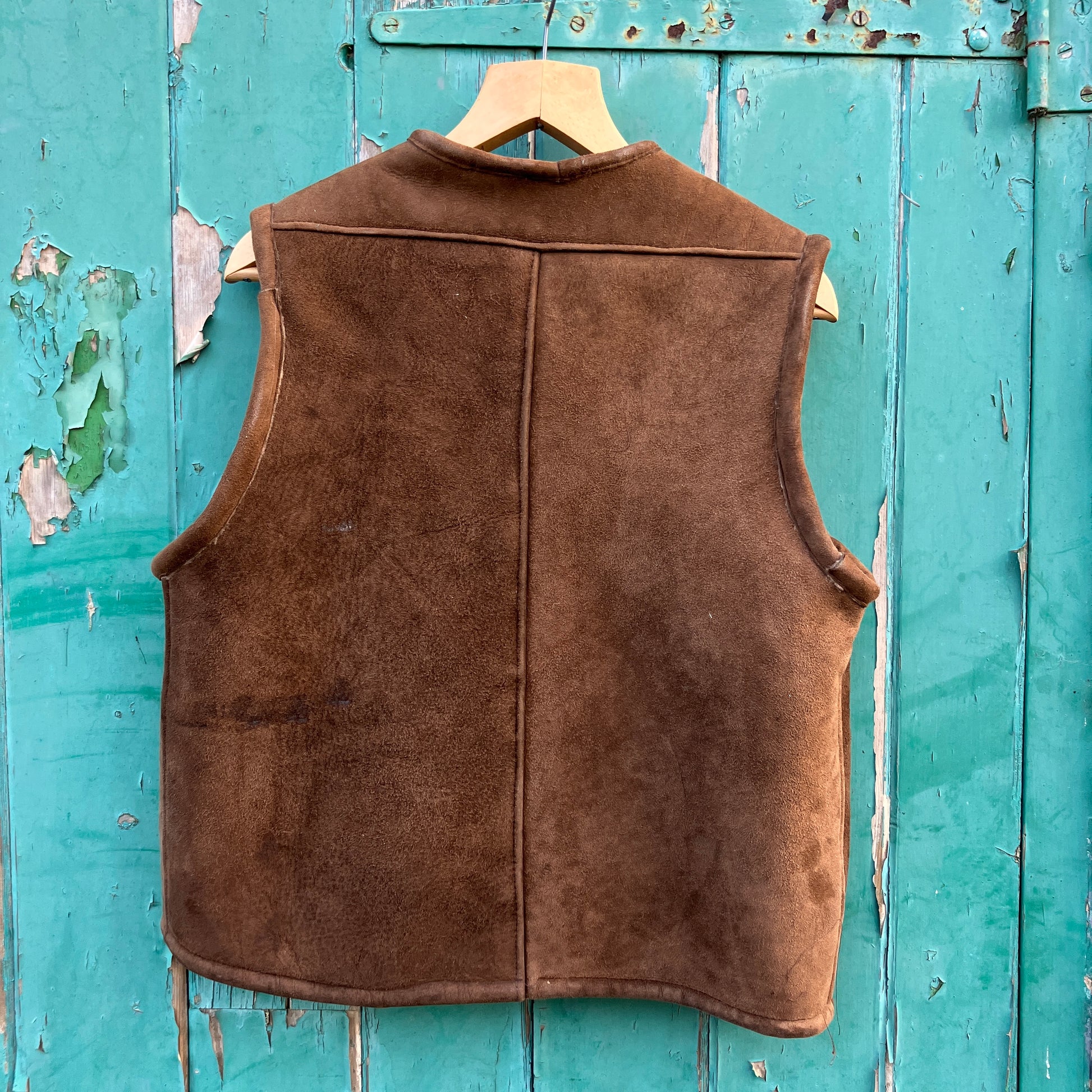 Shearling vest or waistcoat made from a brown vintage sheepskin coat.