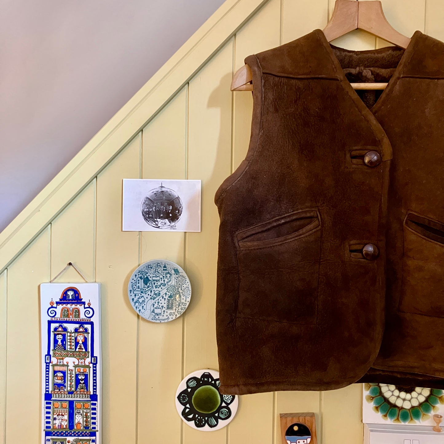 Shearling vest or waistcoat made from a brown vintage sheepskin coat.