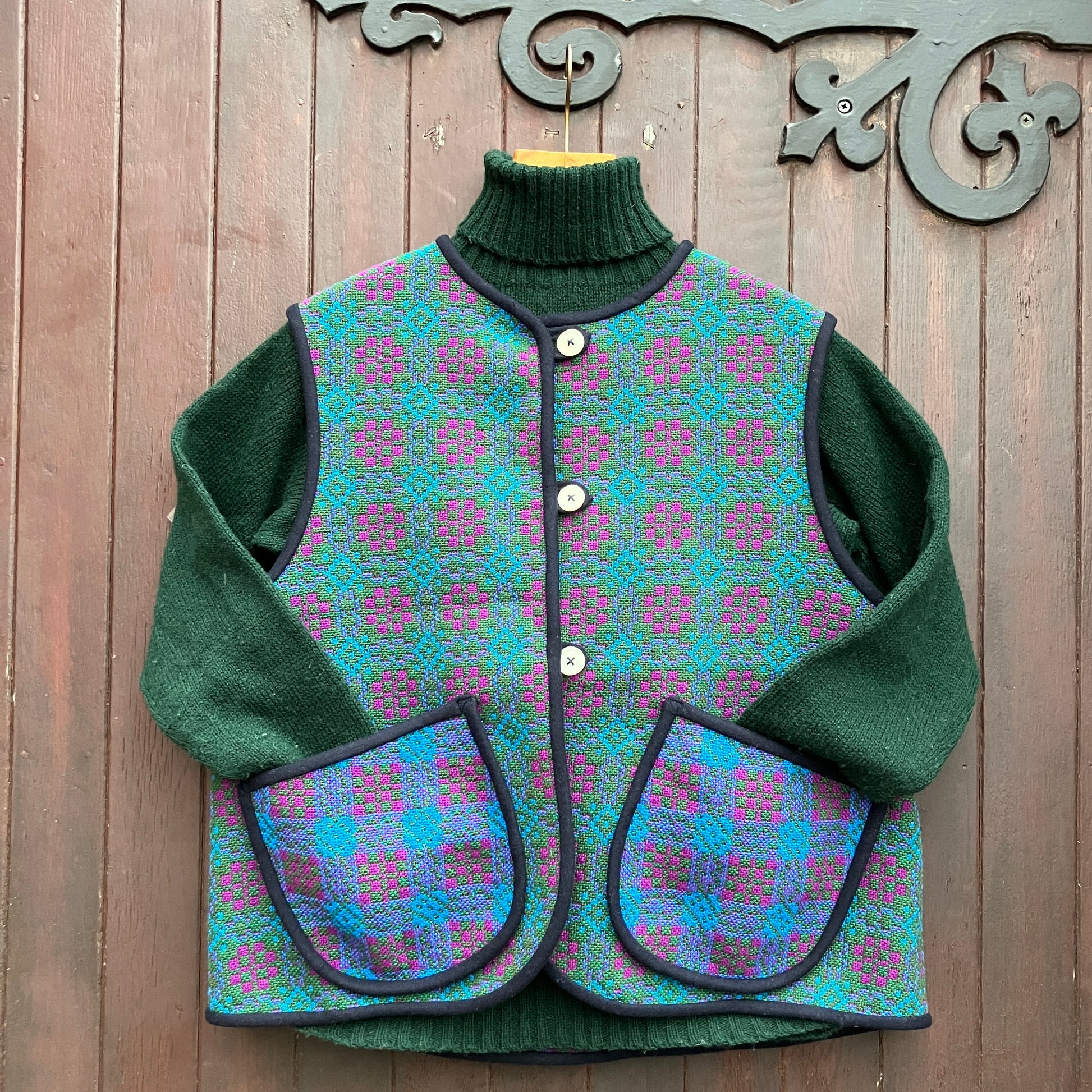 cosy vest made from vintage recycled welsh wool tapestry