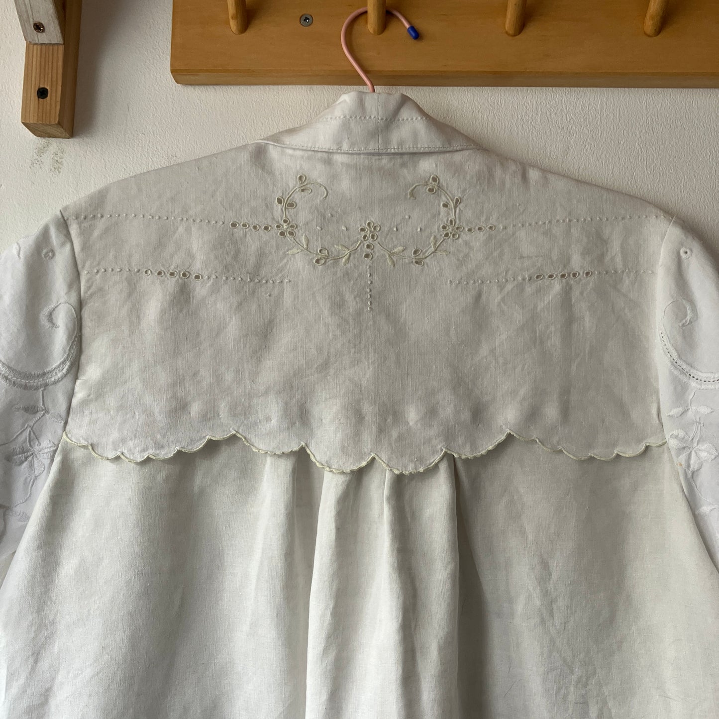 Short-sleeved white swingy shirt made from vintage cutwork linen and cotton cutwork table and tray cloths.