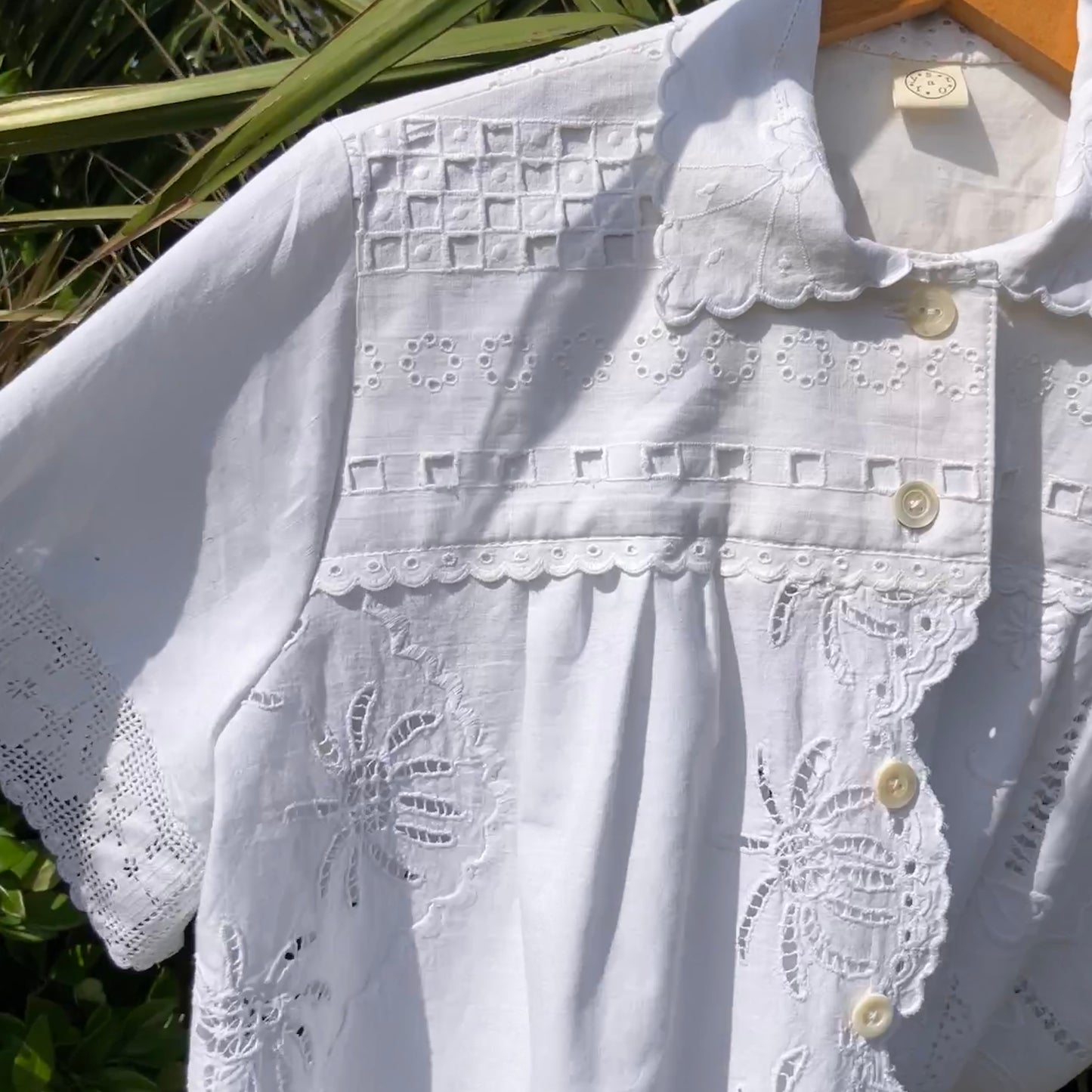 Beautiful shirt made from a patchwork of white reclaimed vintage cotton and linen tablecloths