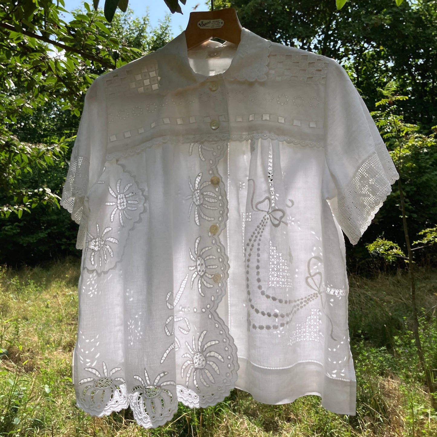 blouse made from a patchwork of vintage white upcycled tablecloths