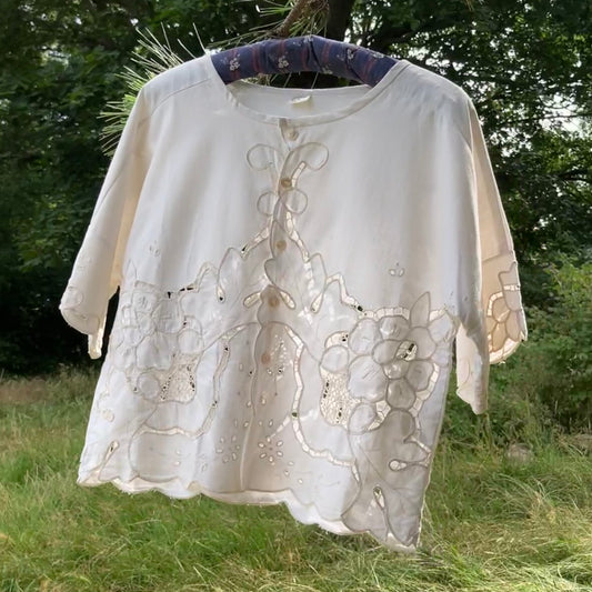 Summer top hand made from a reclaimed vintage white cutwork tablecloth