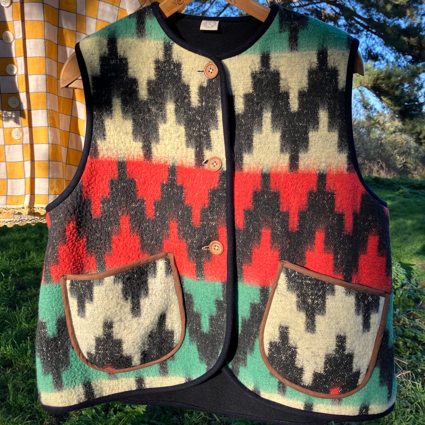 Vest made from a recycled vintage blanket in a zigzag pattern 