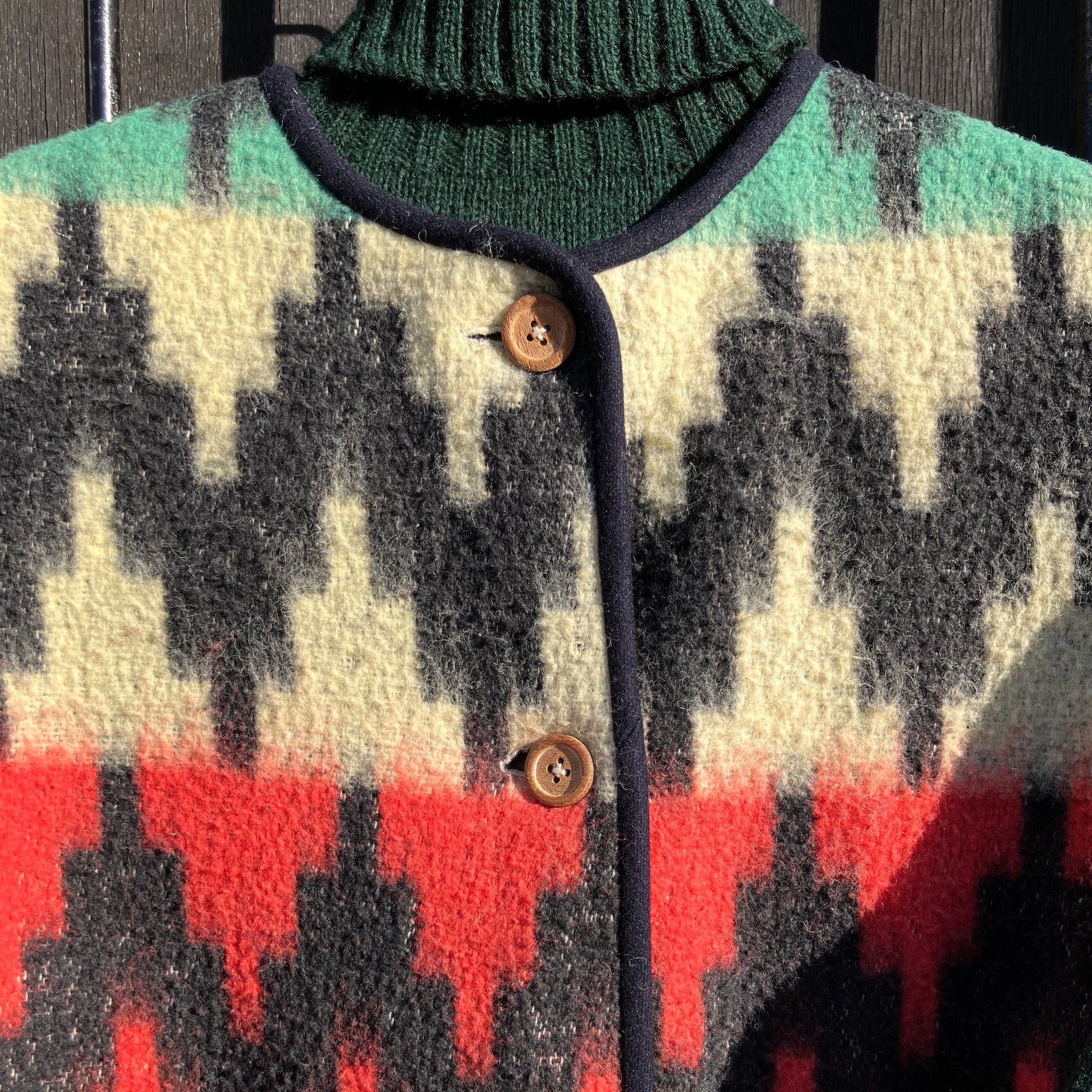 Vest made from a recycled vintage blanket in a zigzag pattern 