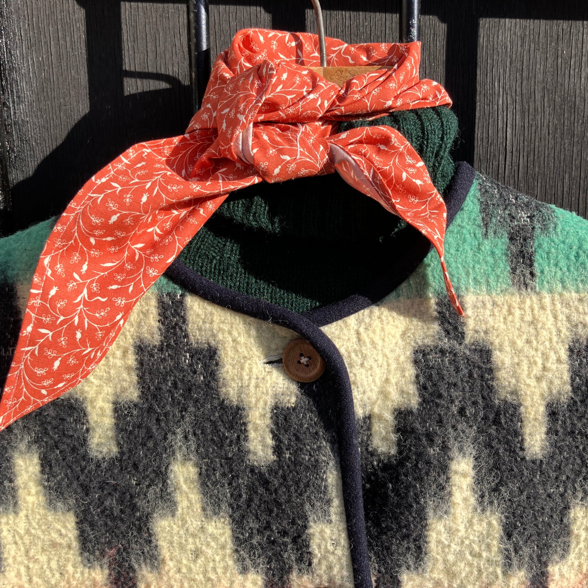 Vest made from a recycled vintage blanket in a zigzag pattern 