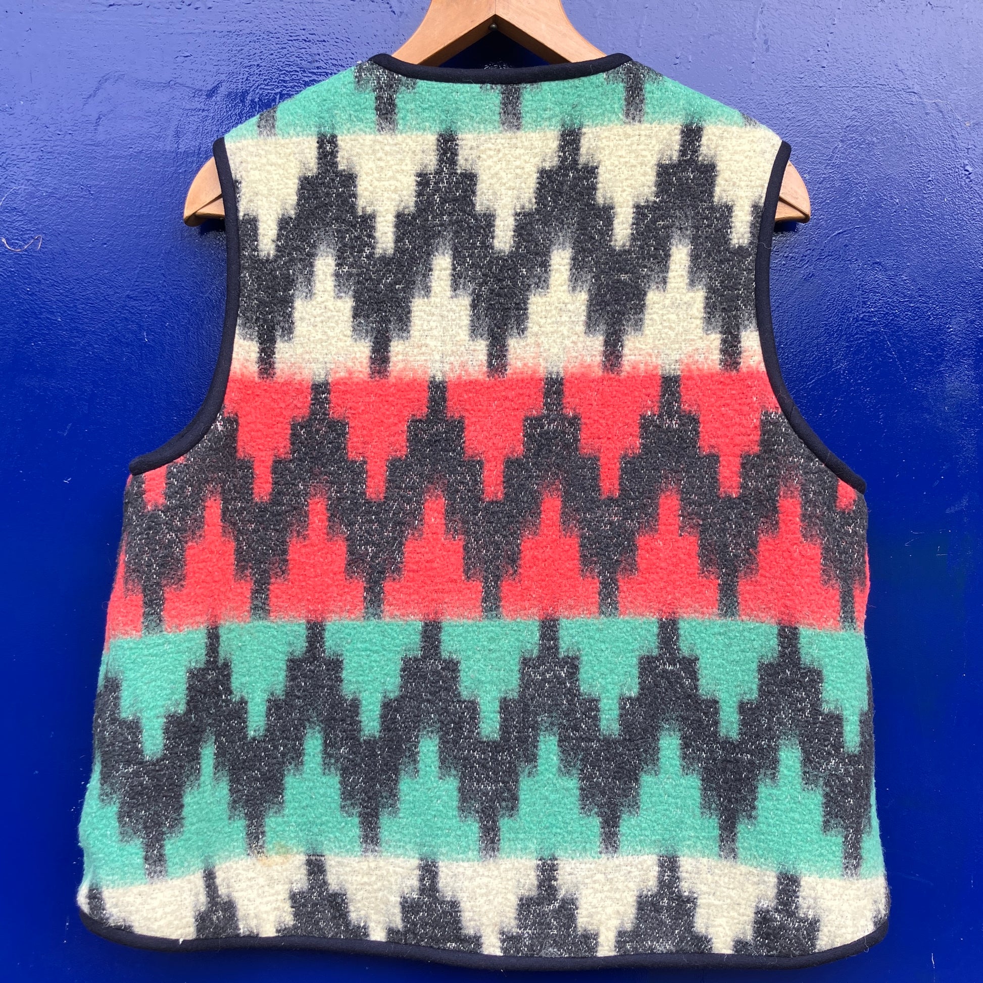 Vest made from a recycled vintage blanket in a zigzag pattern 