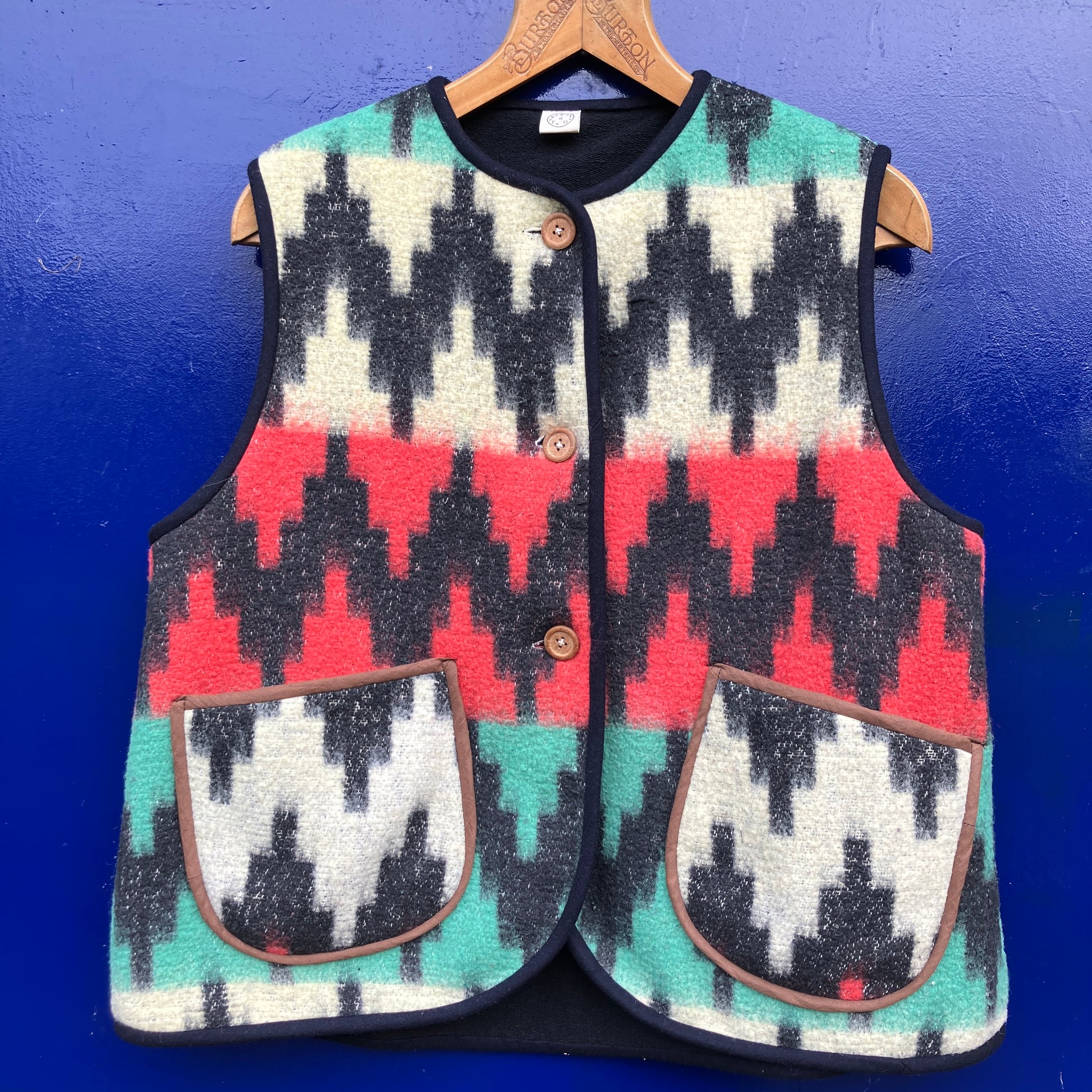 Vest made from a recycled vintage blanket in a zigzag pattern 