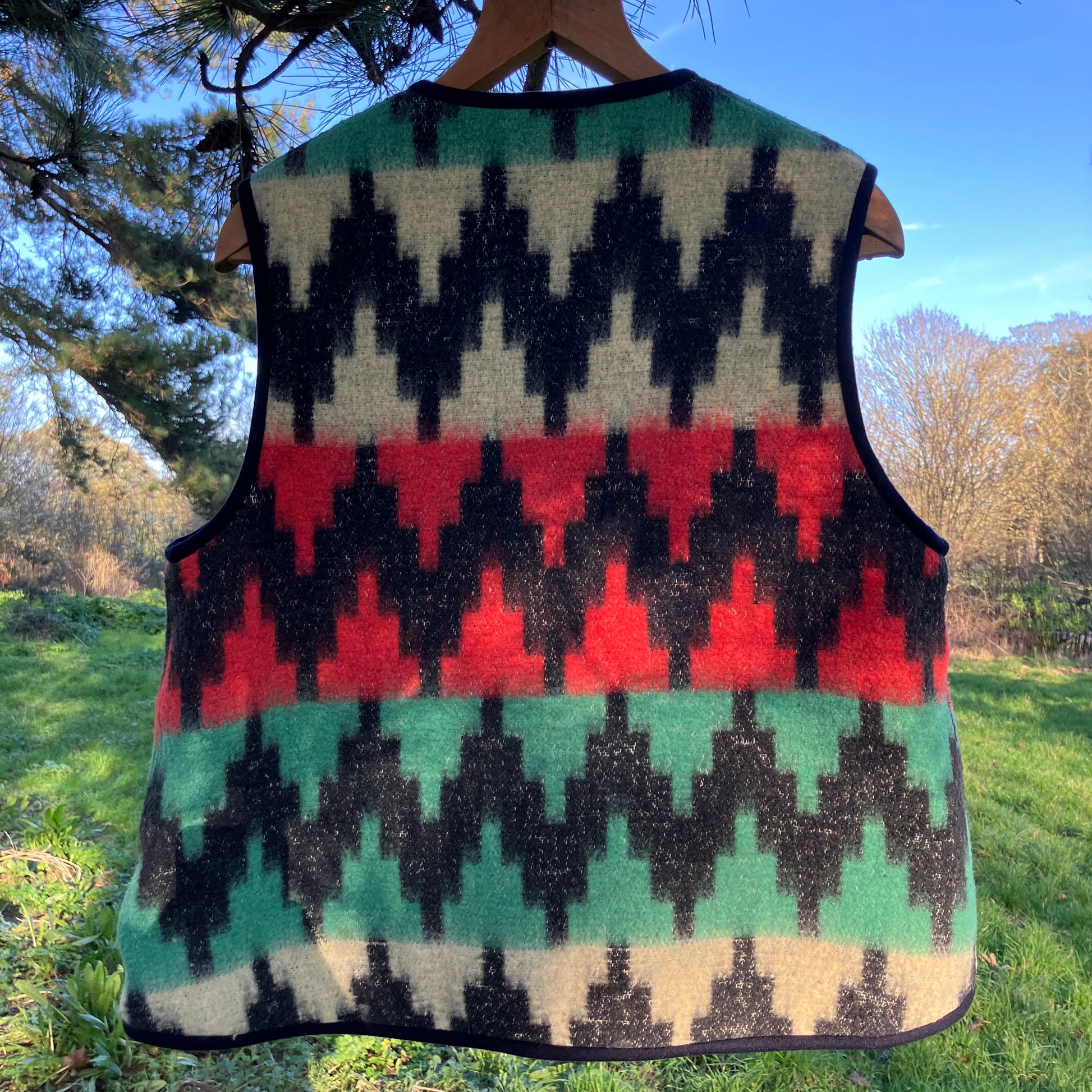 Vest made from a recycled vintage blanket in a zigzag pattern 
