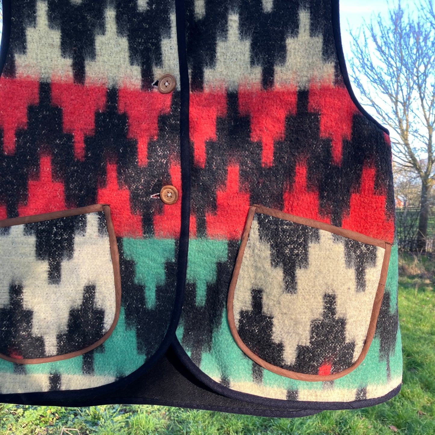 Vest made from a recycled vintage blanket in a zigzag pattern 