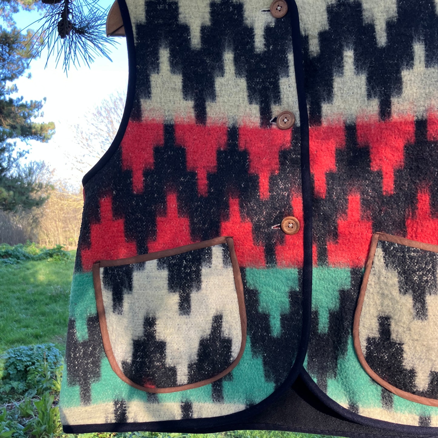 Vest made from a recycled vintage blanket in a zigzag pattern 