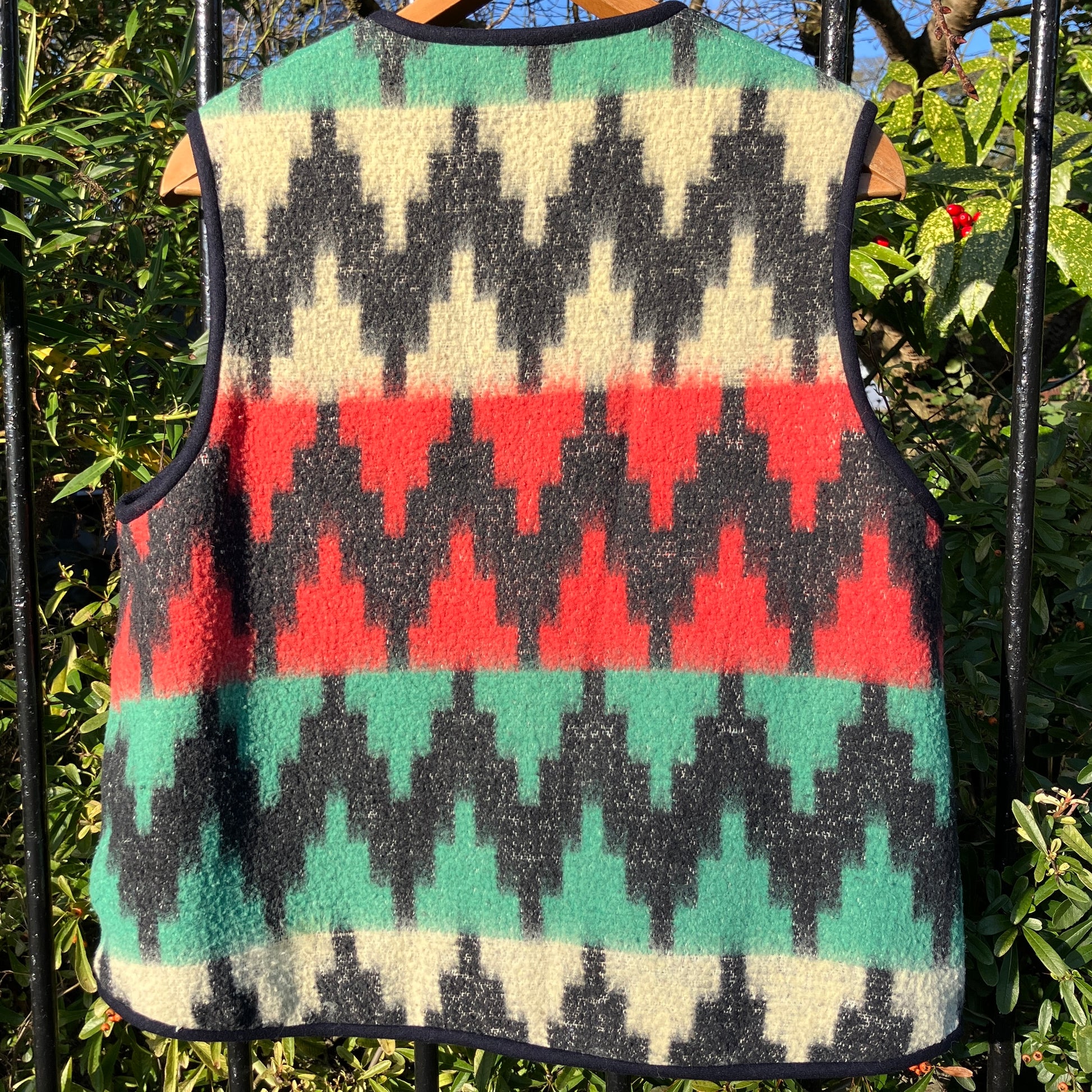 Vest made from a recycled vintage blanket in a zigzag pattern 