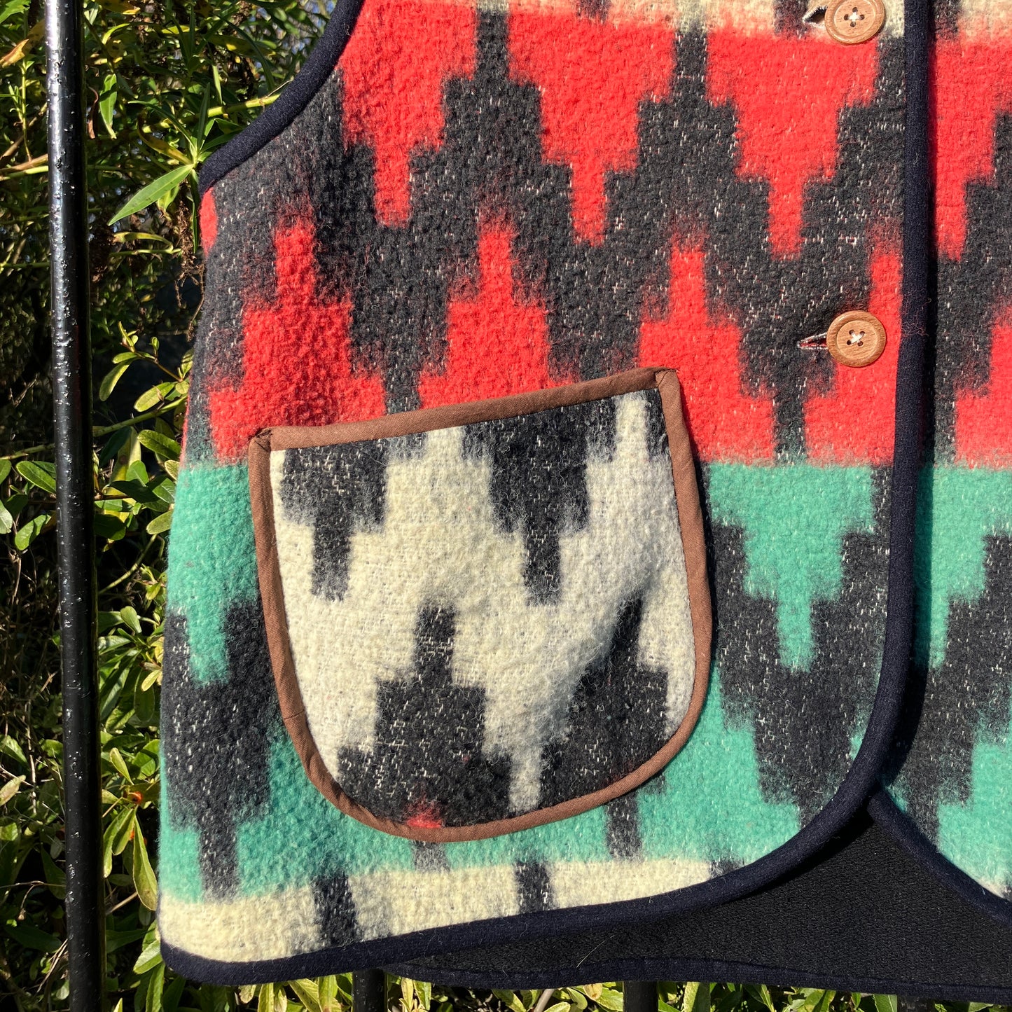 Vest made from a recycled vintage blanket in a zigzag pattern 