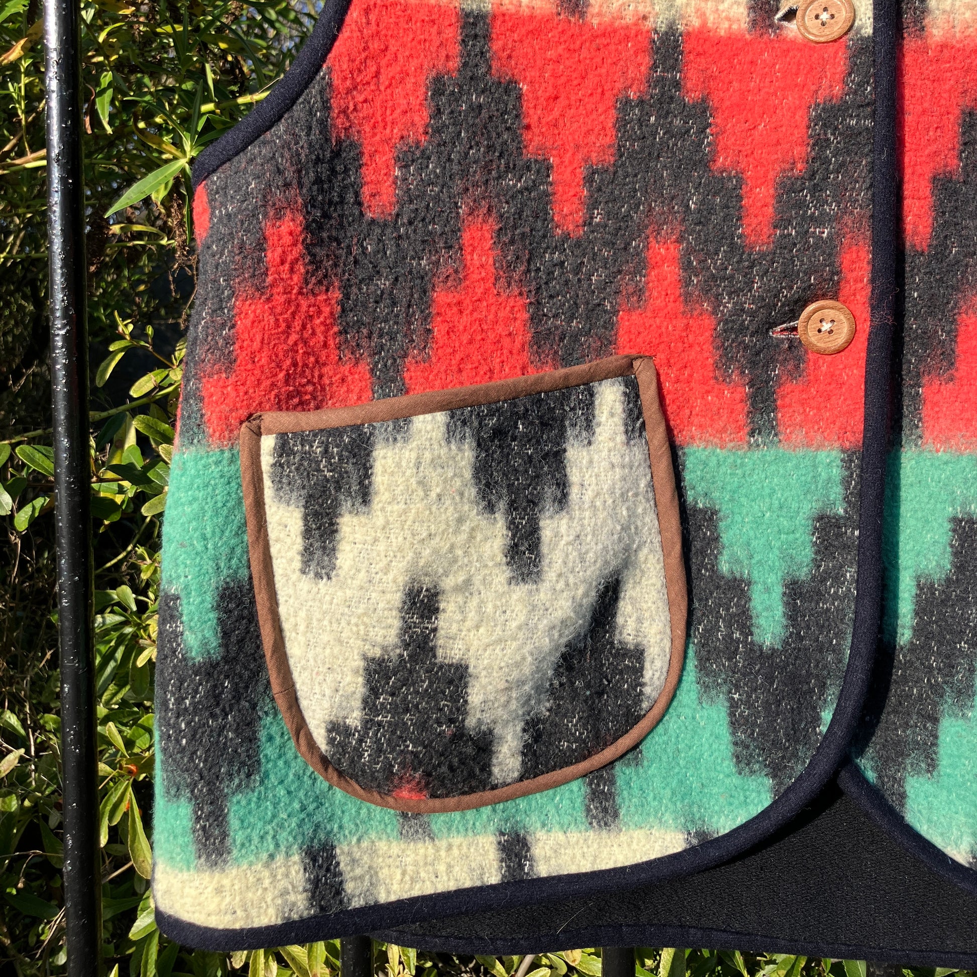 Vest made from a recycled vintage blanket in a zigzag pattern 
