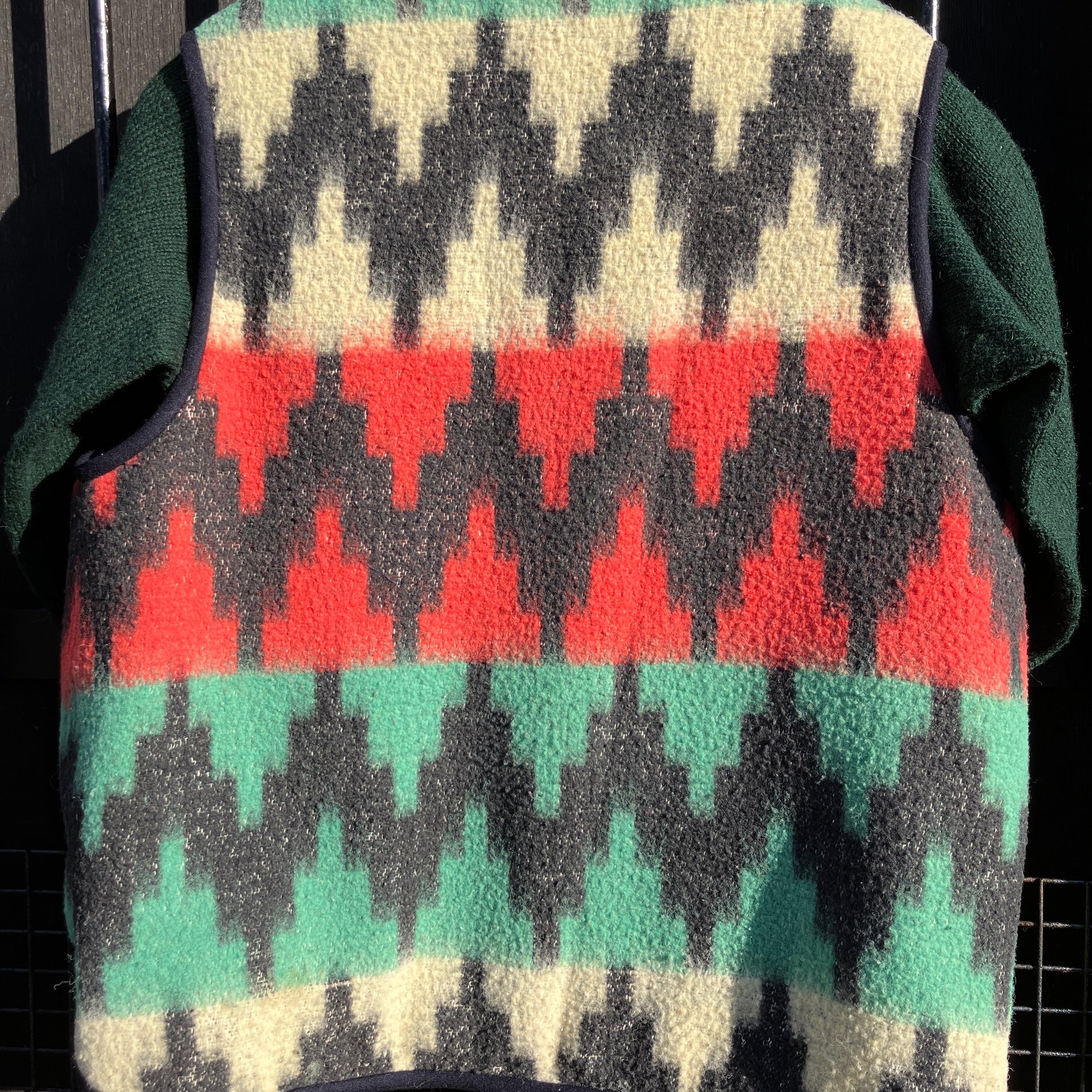 Vest made from a recycled vintage blanket in a zigzag pattern 