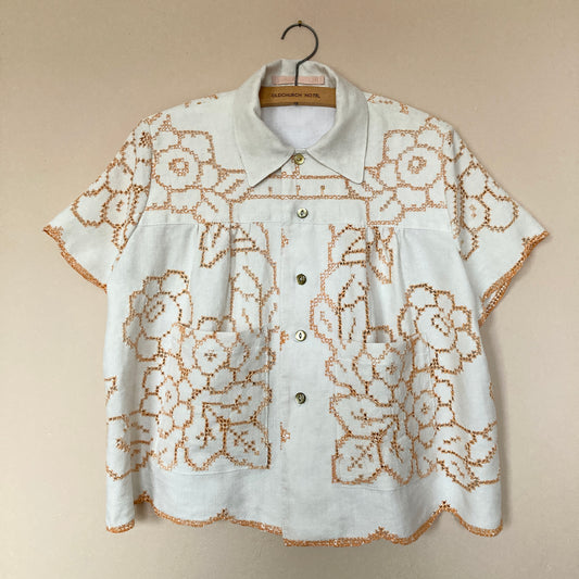 Handmade cutwork linen reclaimed tablecloth shirt