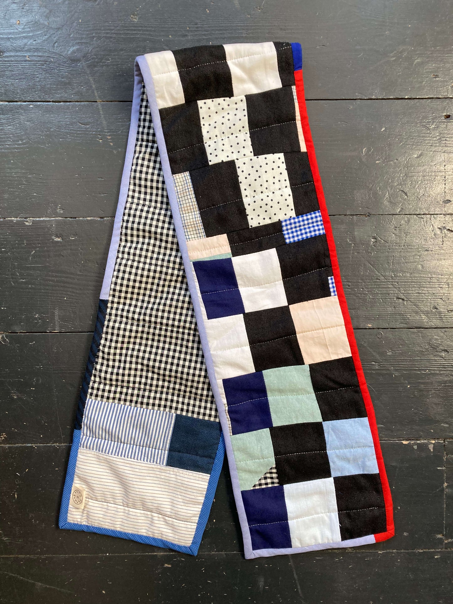 patchwork quilted scarf made from reclaimed cotton fabrics
