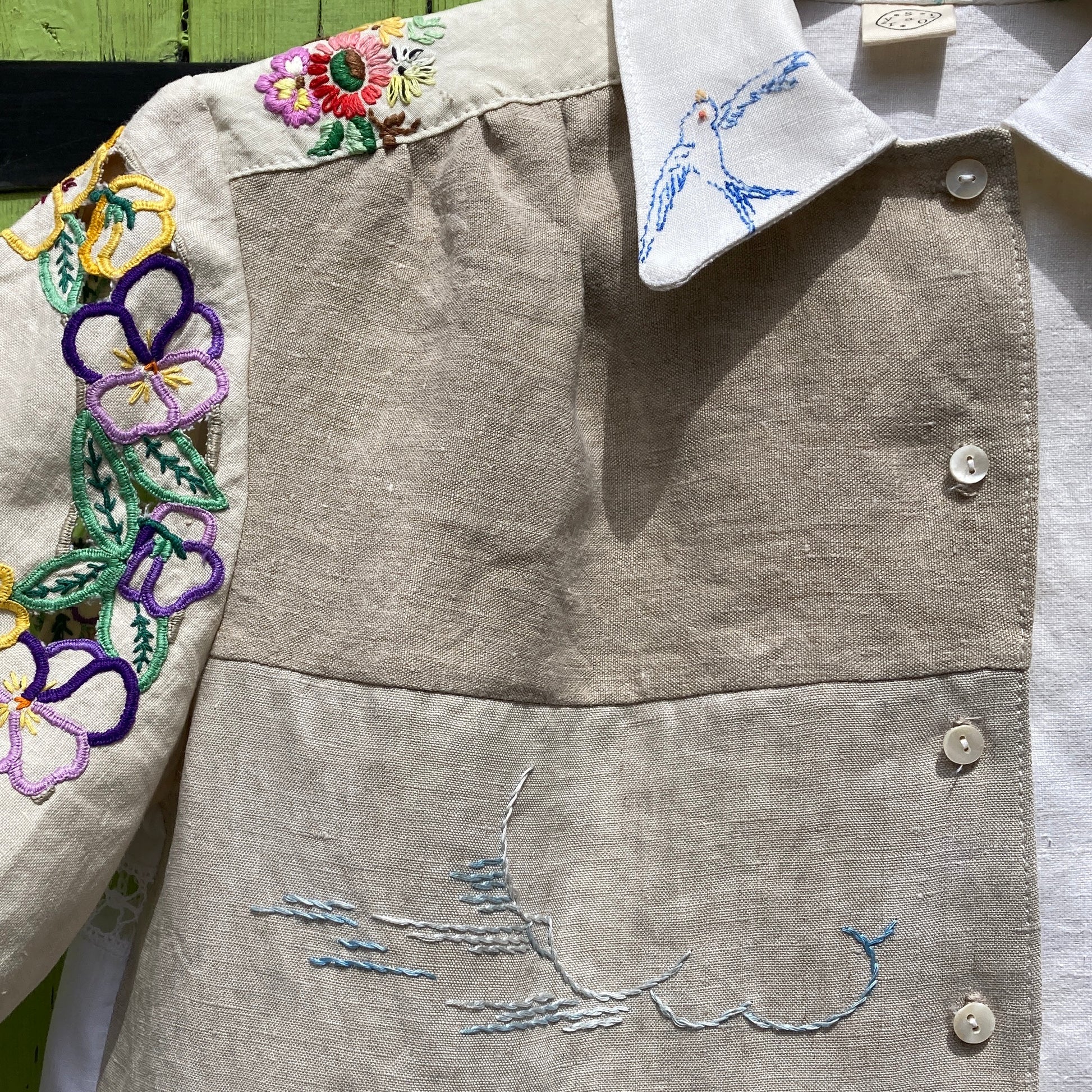 Handmade bluebird patchwork tablecloth shirt – a circular story