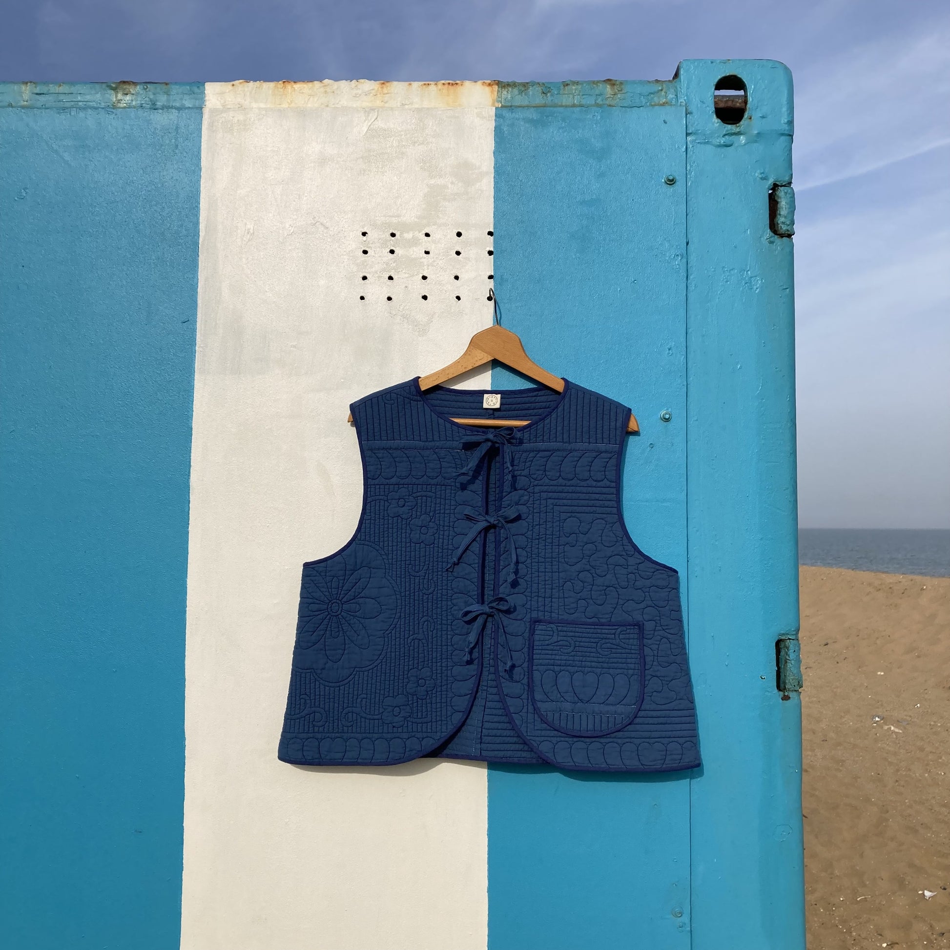 blue tie-front gilet/vest/bodywarmer/waistcoat made from a reclaimed quilt